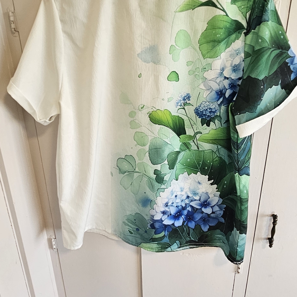 Floral Print Women's Top - Off White and Green Size XL - Picture 6 of 6